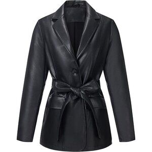 RISISSIDA Women’s Faux Leather Black Blazer Shacket Vegan Leather Button Coat
